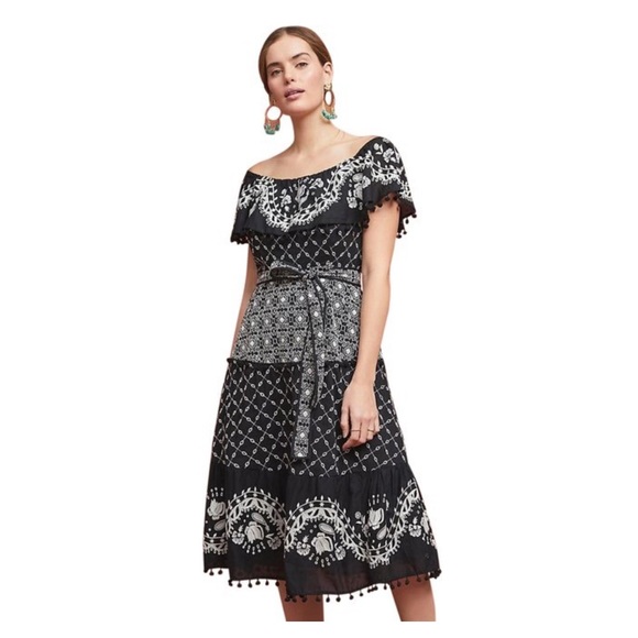 Anthropologie Dresses & Skirts - Anthropologie Black and White Marisol Off The Shoulder Embroidered Belted Dress